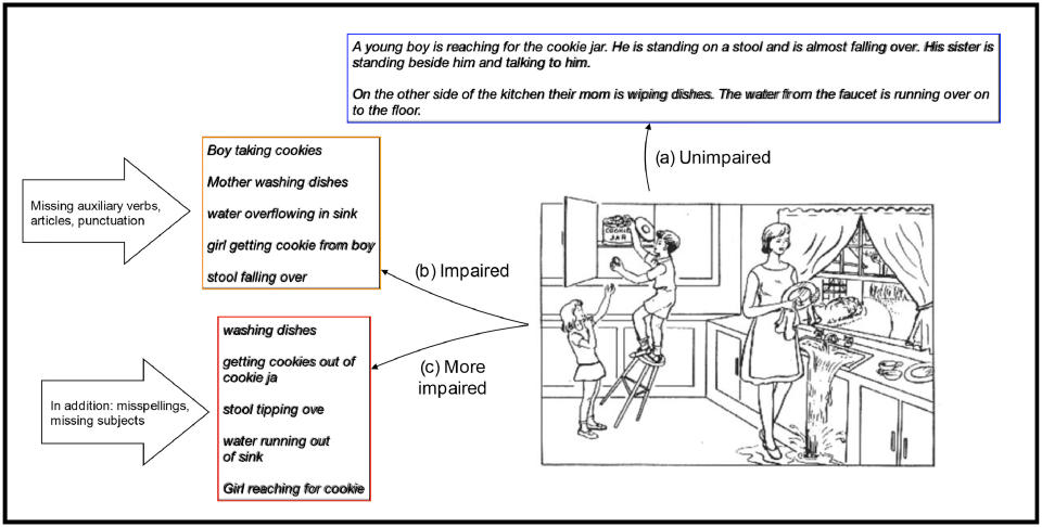 Ejemplos del Estudio Framingham del Corazón: (a) una muestra sin deterioro cognitivo, (b) una muestra con deterioro cognitivo que presenta lenguaje telegráfico y una falta de signos de puntuación y (c) una muestra con más deterioro cognitivo que también presenta errores ortográficos importantes y una complejidad gramática mínima. (Elif Eyigoz et al., The Lancet 2020 vía The New York Times)