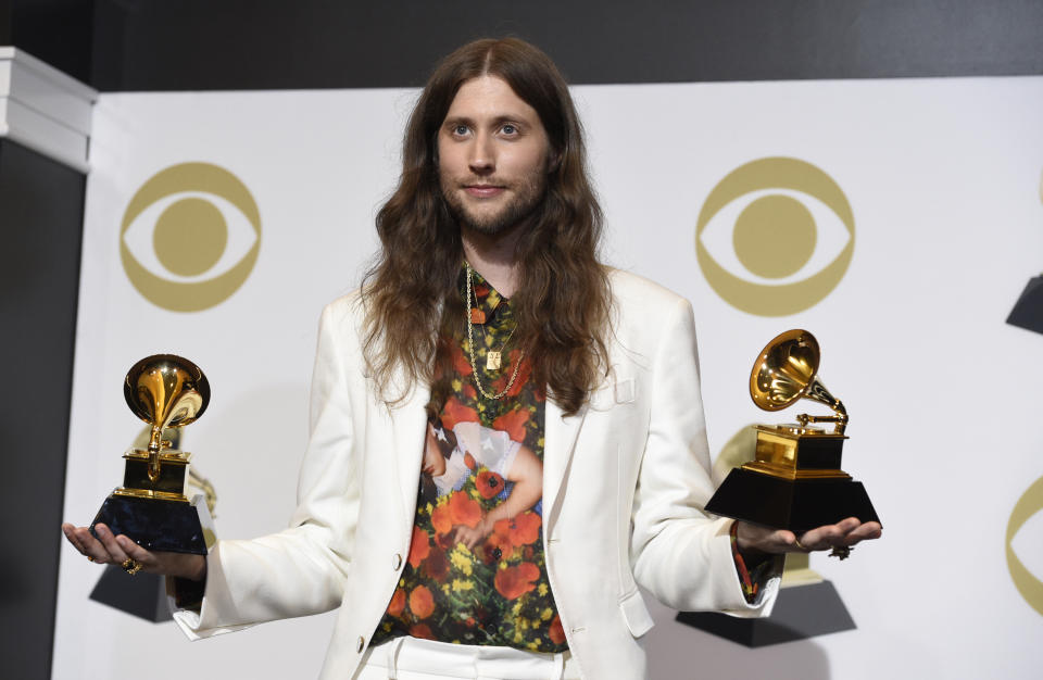 Ludwig Goransson, winner of the awards for song of the year for "This is America" and best score soundtrack for visual media for "Black Panther" poses in the press room at the 61st annual Grammy Awards at the Staples Center on Sunday, Feb. 10, 2019, in Los Angeles. (Photo by Chris Pizzello/Invision/AP)