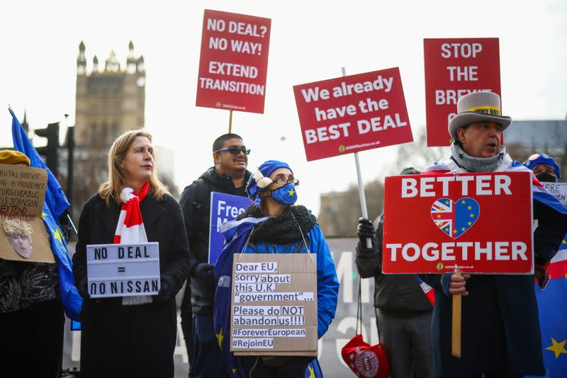 Steve Bray and others anti-Brexit protesters demonstrate outside the Houses of Parliament in London