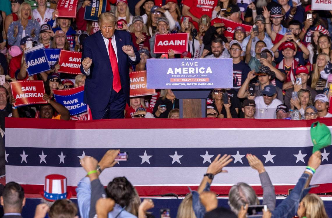 Former president Donald Trump dances after speaking during a rally at Wilmington International Airport Friday, Sept. 23, 2023.