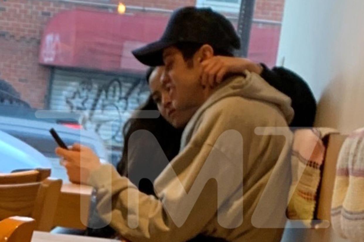 EXCLUSIVE - Pete Davidson and Chase Sui Wonders waiting for takeout Monday afternoon at Baba's Perogies in Brooklyn