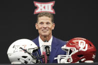 Oklahoma head coach Brent Venables speaks to reporters at the NCAA college football Big 12 media days in Arlington, Texas, Thursday, July 14, 2022. (AP Photo/LM Otero)