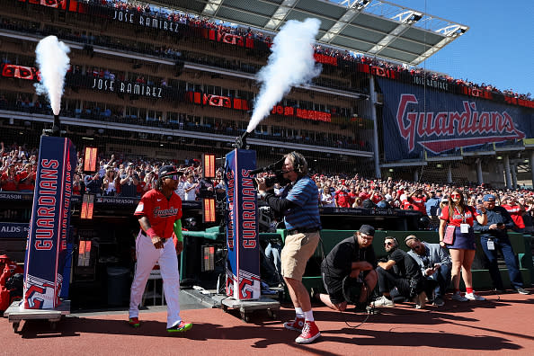 CLEVELAND, OH – OCTOBER 05: Jose Ramirez #11 of the Cleveland Guardians takes the field prior to Game 1 of the Division Series presented by Booking.com between the Detroit Tigers and the Cleveland Guardians at Progressive Field on Saturday, October 5, 2024 in Cleveland, Ohio. (Photo by Lauren Leigh Bacho/MLB Photos via Getty Images)