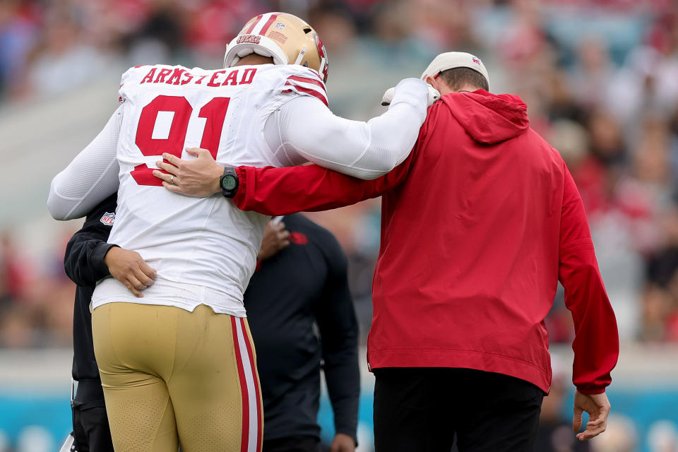 JACKSONVILLE, FLORIDA - NOVEMBER 12: Arik Armstead #91 of the San Francisco 49ers walks off the field with an apparent injury during the first quarter against the Jacksonville Jaguars at EverBank Stadium on November 12, 2023 in Jacksonville, Florida. (Photo by Megan Briggs/Getty Images)