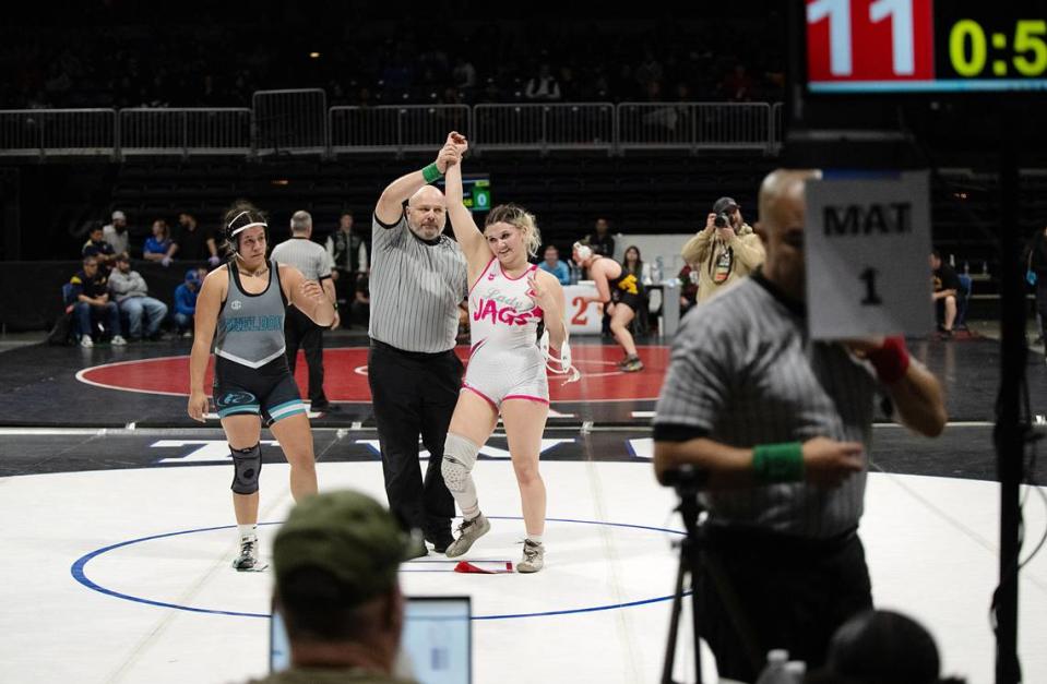 Gregori’s Mikayla Lancaster won the 170-pound title match over Chrystina Ballejos of Sheldon in the Sac-Joaquin Section Masters Wrestling Championships at Stockton Arena in Stockton, Calif., Saturday, Feb. 17, 2024.