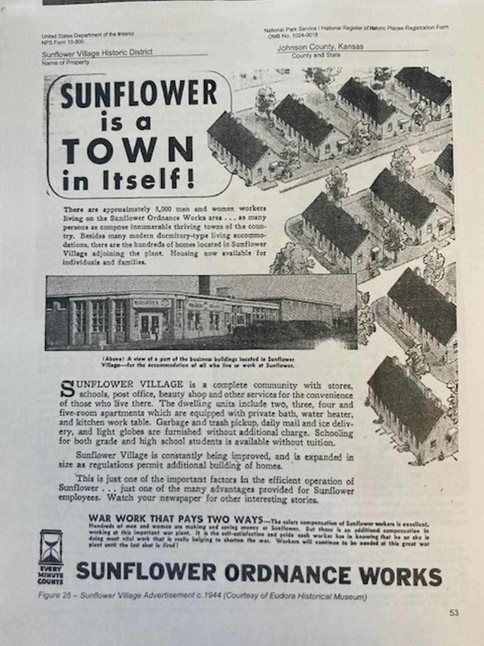 Sunflower Village advertisement, circa 1944. U.S. Department of the Interior