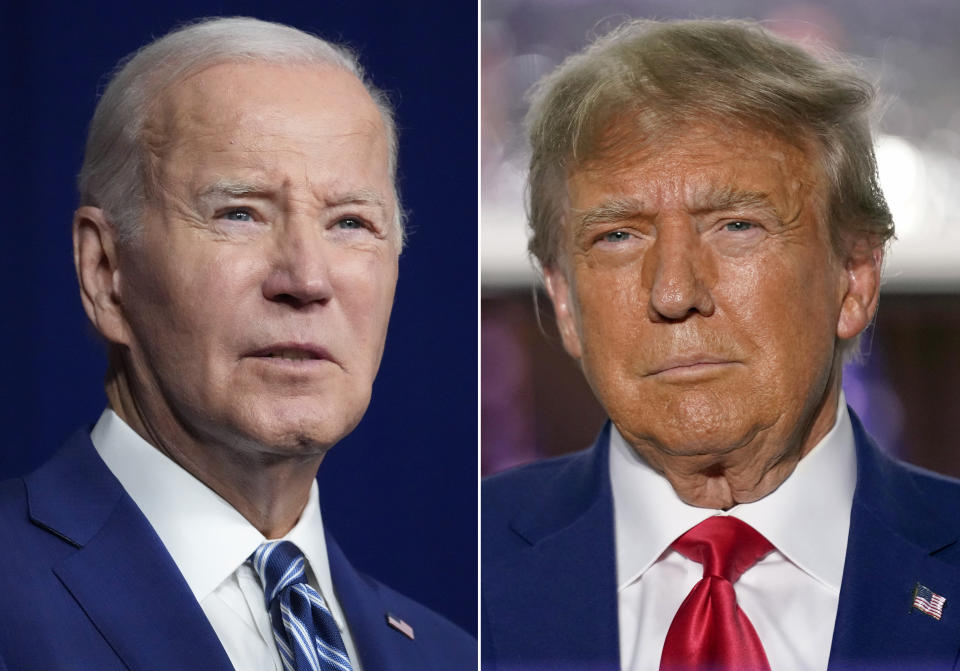 FILE - In this combination of photos, President Joe Biden, left, speaks on Aug. 10, 2023, in Salt Lake City, and former President Donald Trump speaks on June 13, 2023, in Bedminster, N.J. The sequel to the 2020 election is officially set as the president and his immediate predecessor secured their parties' nominations. Biden and Trump have set up a political movie the country has seen before — even if the last version was in black and white. (AP Photo, File)