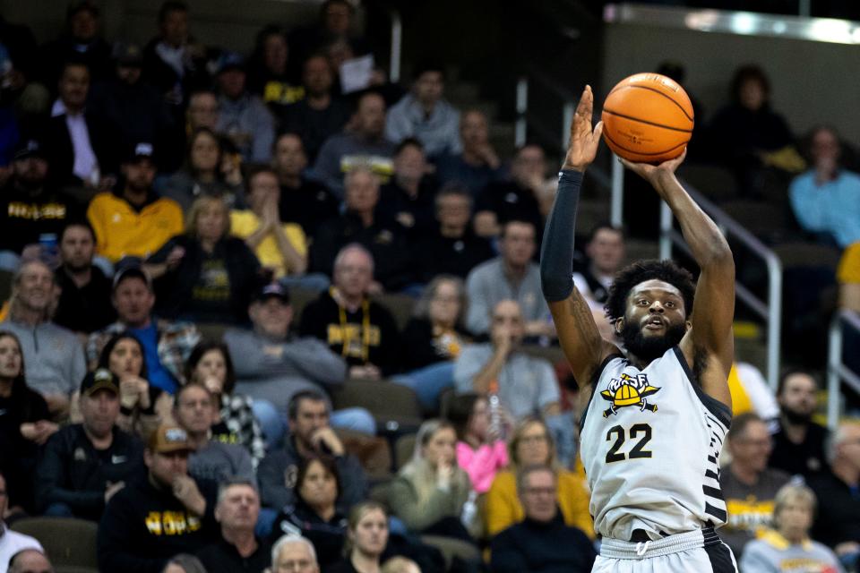 Northern Kentucky Norse guard Trevon Faulkner (22) set a team record by playing in his 132nd game in a Norse uniform Saturday night at Truist Arena.