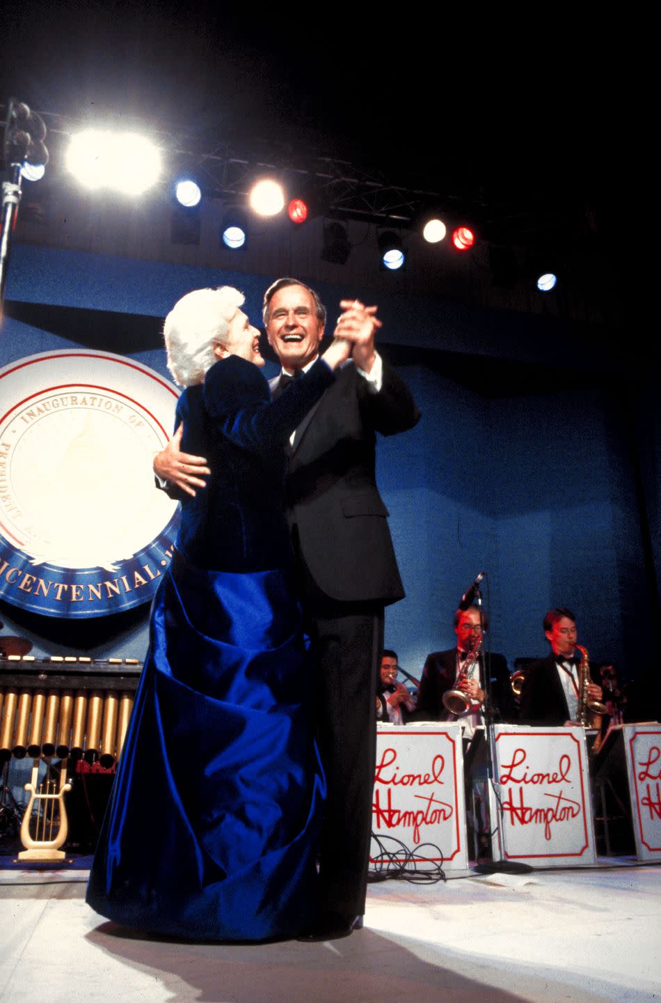 <p>President Bush shares his first dance with his wife, Barbara Bush, at his inaugural ball in 1989. Bush defeated Democratic candidate Michael Dukakis in the election and went on to serve one term as President. </p>