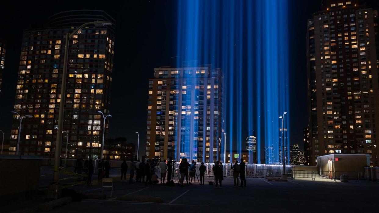 PHOTO: The beams of the annual Tribute in Light are tested as New York City prepares to mark the 23rd anniversary of the September 11 terrorist attacks that brought down the twin towers of the World Trade Center in 2001 on September 5, 2024 in New York City. (Spencer Platt/Getty Images)