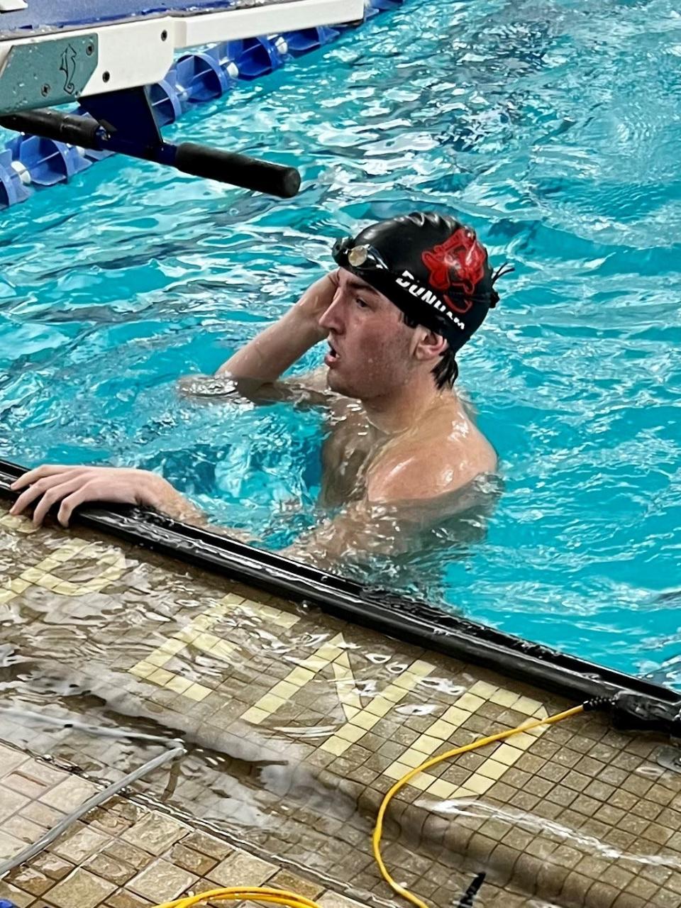 Pleasant's Ben Dunham wins the 100-yard breaststroke at the Mid Ohio Athletic Conference Swim Championships at Ontario earlier this season. He is a former state qualifier in swimming.