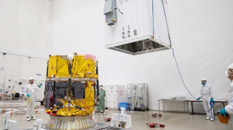 Engineers working on the M1 lander at the IABG GmbH Space Centre in Germany.