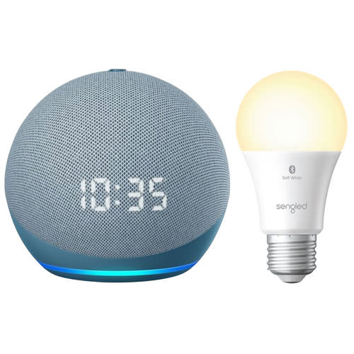 Amazon Echo Dot w/ Clock & Sengled A19 Smart Bluetooth LED Light Bulb. Image via Best Buy.