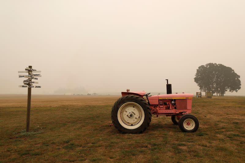 A pink tractor sits at Iverson Family Farms near Monitor, Oregon