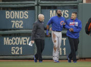 <p>Chicago Cubs right fielder Jason Heyward is helped off the field after catching a fly ball hit by San Francisco Giants’ Denard Span and crashing into the outfield wall during the first inning of their baseball game, May 20, 2016, in San Francisco. (Eric Risberg/AP) </p>