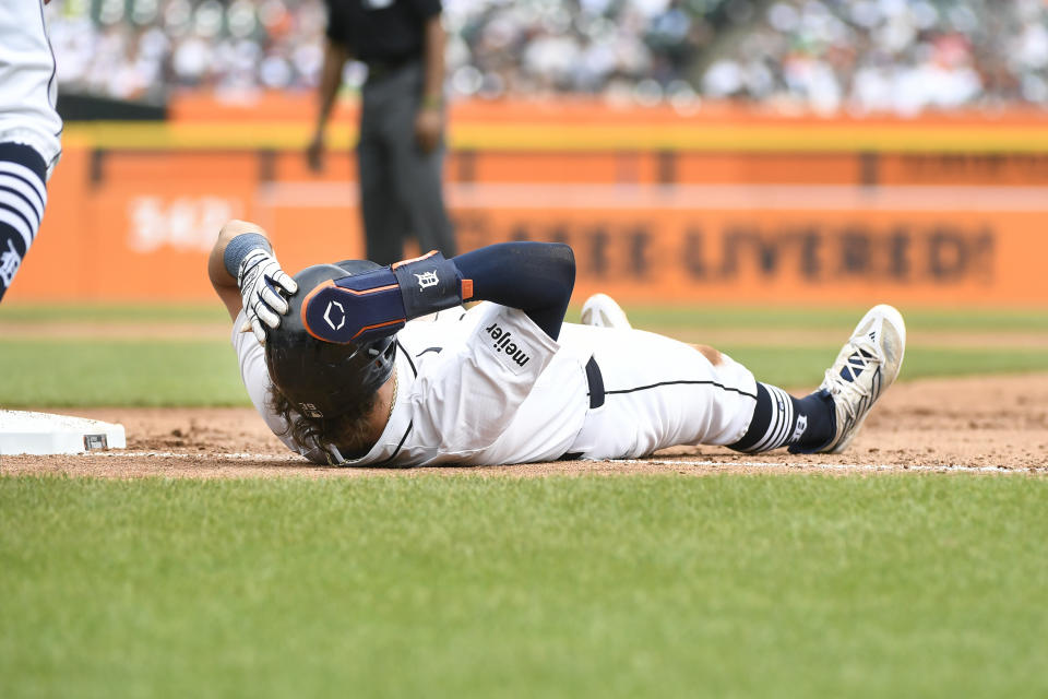 Detroit Tigers' Zach McKinstry reacts after getting picked off first base in the sixth inning of a baseball game against the Kansas City Royals, Sunday, April 28, 2024, in Detroit. (AP Photo/Jose Juarez)