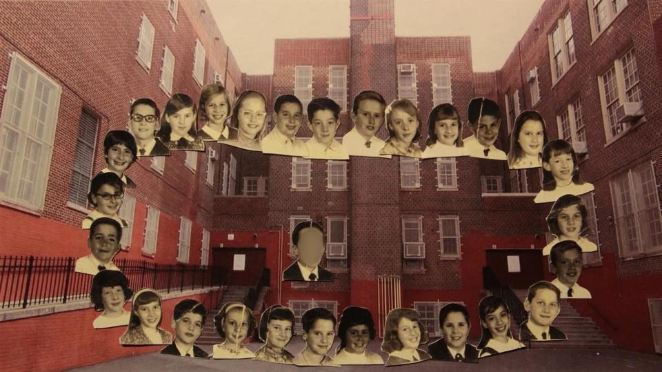 Class photos pasted on a photo of an old school