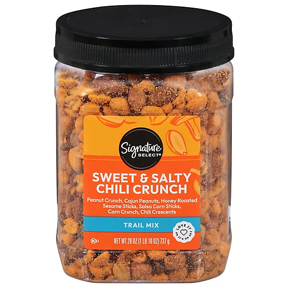 Jar of Signature Select Sweet & Salty Chili Crunch trail mix on white background