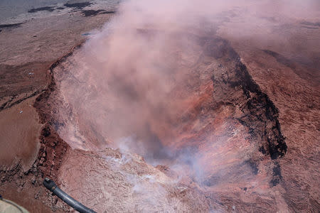 The Kilauea Volcano's Pu'u 'O'o crater is seen in this aerial image after the volcano erupted following a series of earthquakes over the last couple of days, in Hawaii, U.S., May 3, 2018. Picture taken May 3, 2018. USGS/Handout via REUTERS