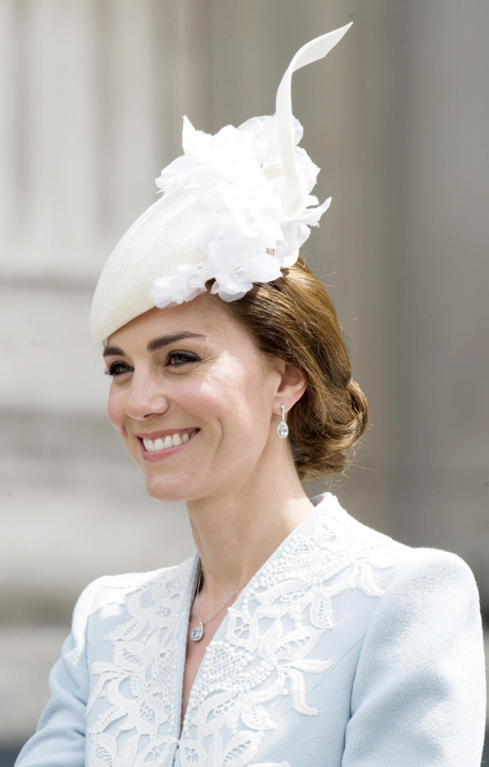 The Duchess of Cambridge in a hat adorned with chiffon flowers