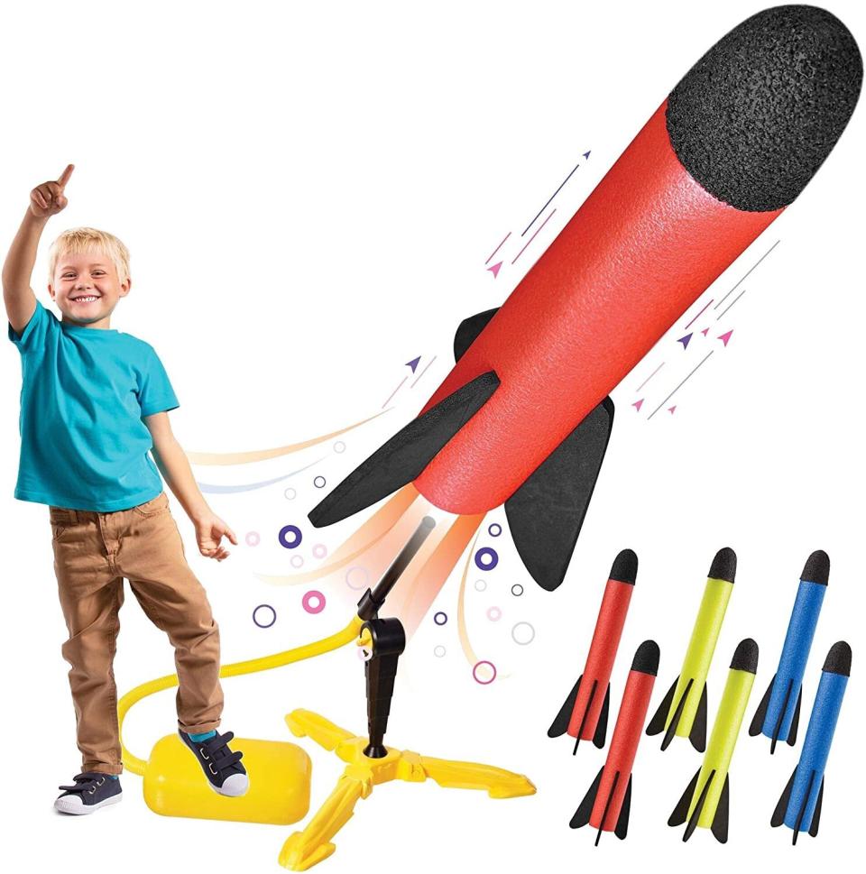 Find this lightweight foam <a href="https://amzn.to/3iI9JZB" target="_blank" rel="noopener noreferrer">Toy Rocket Launcher </a>for $20 on <a href="https://amzn.to/3iI9JZB" target="_blank" rel="noopener noreferrer">Amazon</a>.