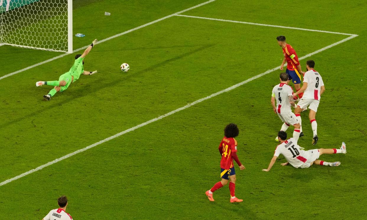 <span>Willy Sagnol said Álvaro Morata (right, in red) was offside for Rodri’s goal.</span><span>Photograph: Andreea Alexandru/AP</span>