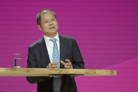 FILE PHOTO: Eric Xu, CEO of Huawei, addresses media at Cebit, the world's biggest computer and software fair, in Hanover, Germany, March 14, 2016. REUTERS/Nigel Treblin