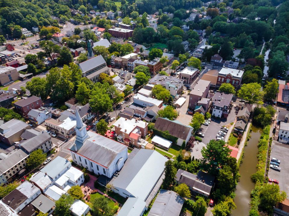 Aerial panoramic landscape view of American old small town Lambertville the roofs of houses in New Jersey US