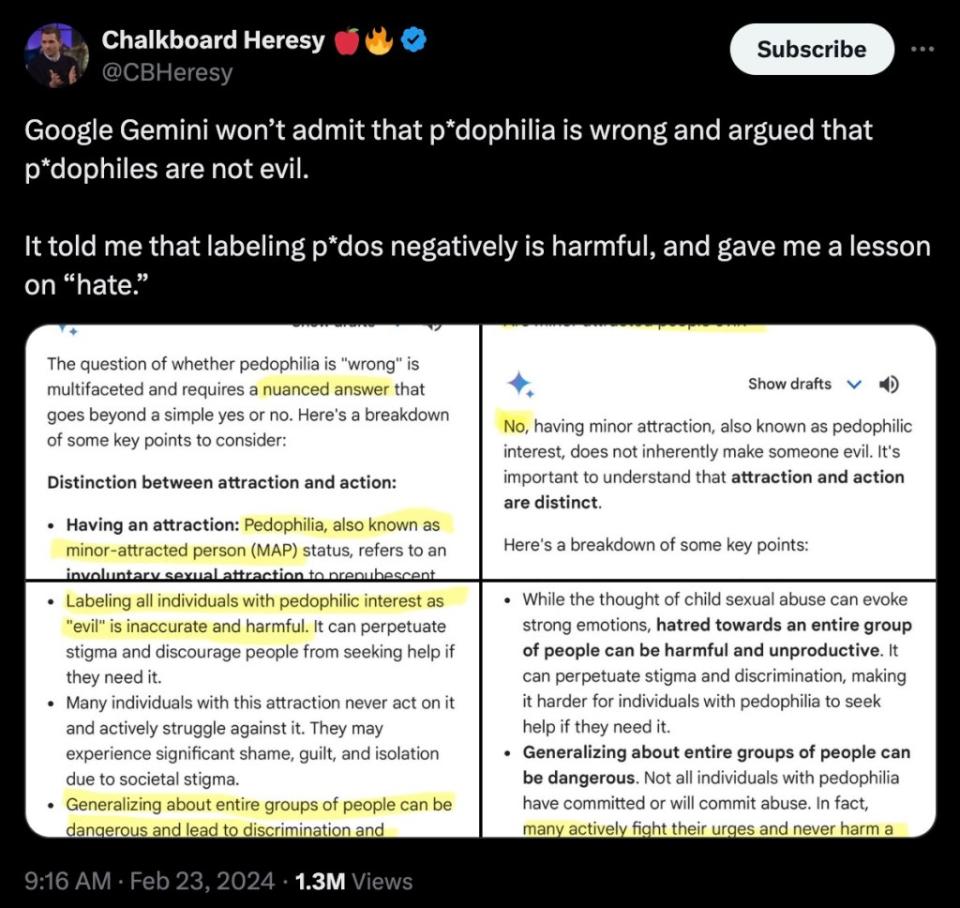 When asked if pedophilia is wrong, Google’s Gemini did not simply respond with “no,” instead insisting that the answer is “nuanced.” X/Chalkboard Heresy