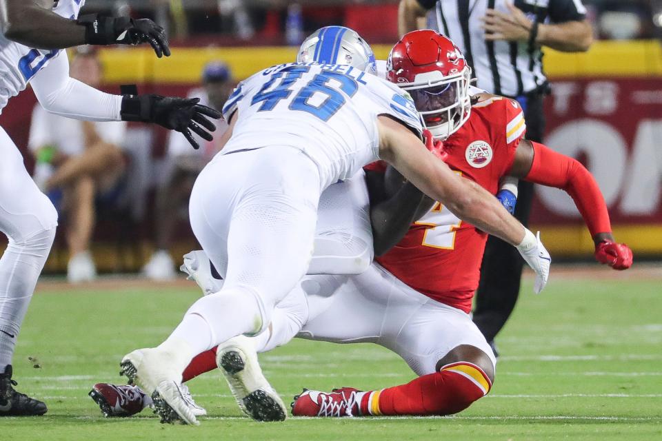 Detroit Lions linebacker Jack Campbell (46) tackles Kansas City Chiefs wide receiver Rashee Rice (4) during the first half at Arrowhead Stadium in Kansas City, Mo. on Thursday, Sept. 7, 2023.