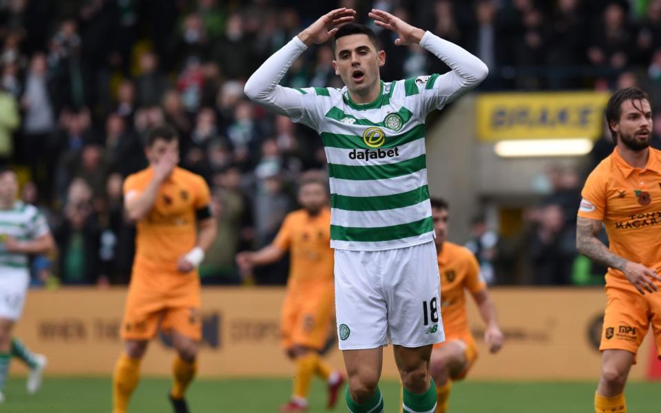 Tom Rogic of Celtic shows his frustration after he puts the ball just wide of the goal - Getty Images Europe