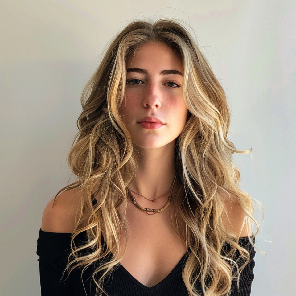 Portrait of a woman with long, wavy hair wearing an off-shoulder top and a necklace