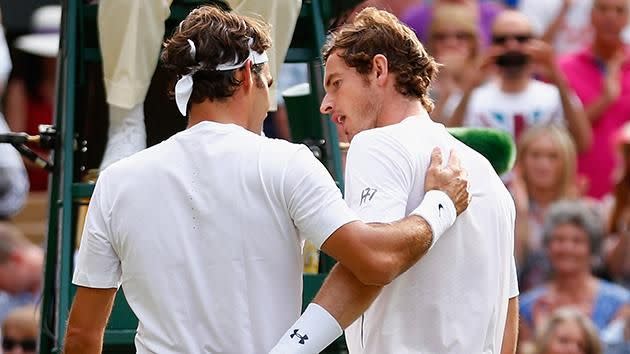 Federer and Murray talk after their Wimbledon meeting in 2015. Pic: Getty