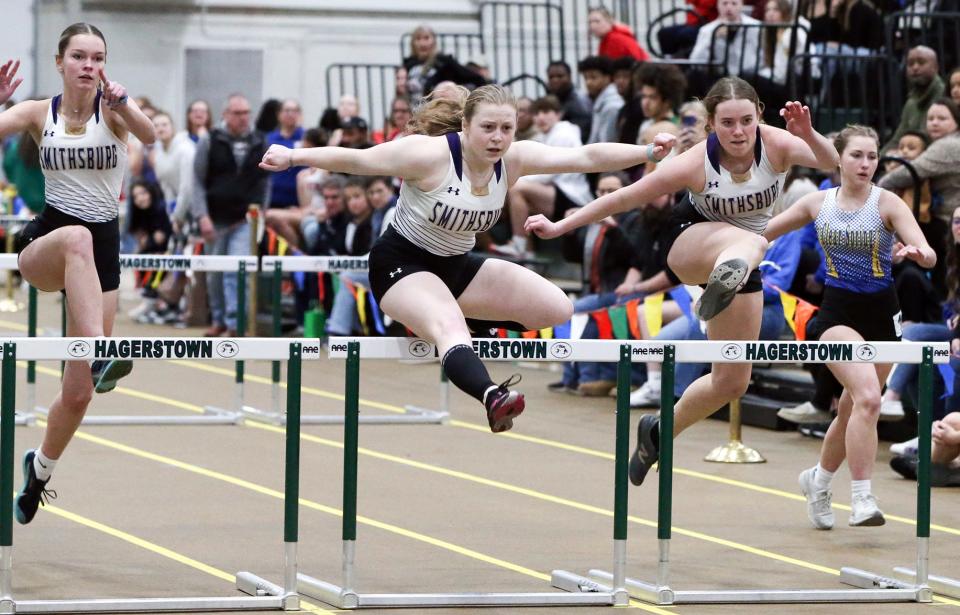 Smithsburg's Emma Joyal, center, won the girls 55-meter hurdles. Teammates Leah Howe (right) and Amelia Beck-Schmieder (left) finished second and third.