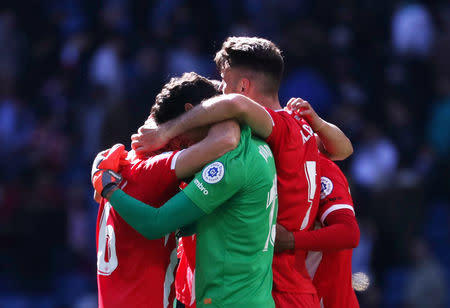 Soccer Football - La Liga Santander - Real Madrid v Girona - Santiago Bernabeu, Madrid, Spain - February 17, 2019 Girona's Alex Granell celebrates with team mates after the match REUTERS/Susana Vera