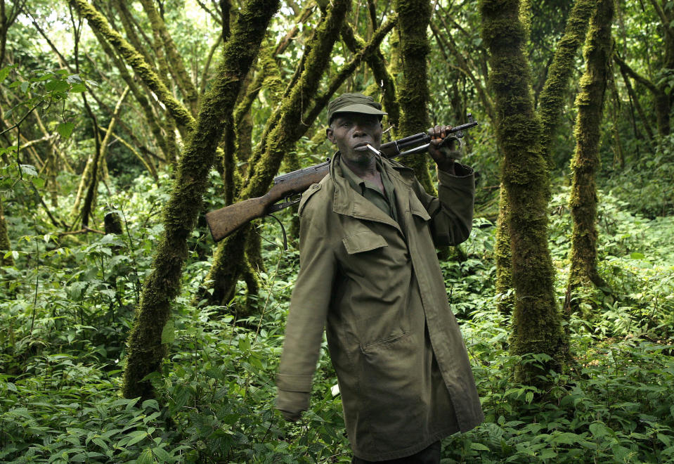 FILE - A park ranger loyal to the CNDP escorts visitors through the Virunga National Park, near the Uganda border in eastern Congo, Nov. 25, 2008. In November 2022, conservation park ranger Chief Brigadier Etienne Mutazimiza Kanyaruchinya was killed when 100 heavily armed men attacked a patrol post near the village of Bukima in Congo's North Kivu Province, making him part of the close to 200 environmental and land defense activists who were killed around the world in 2021. (AP Photo/Jerome Delay, File)