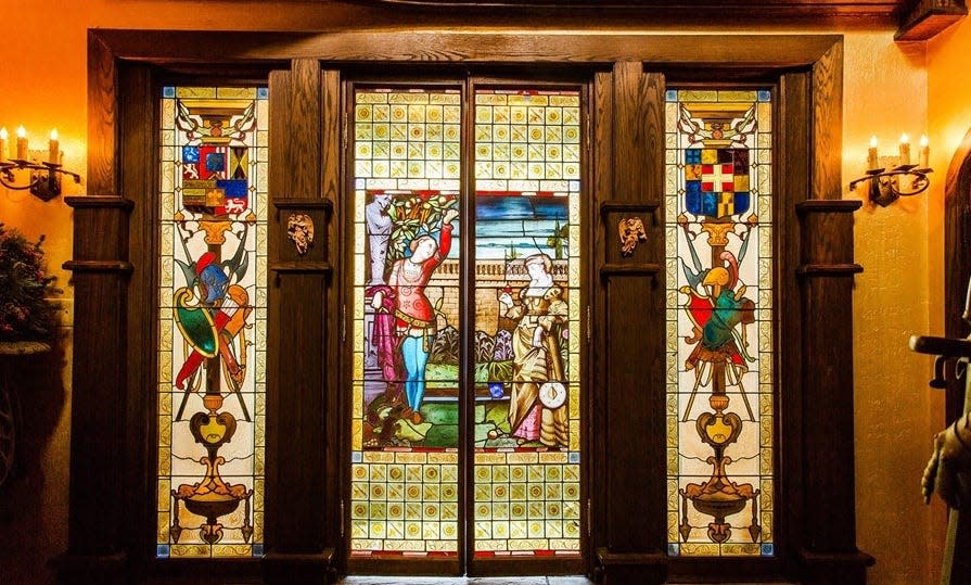 The Romeo and Juliet stained glass doors built into Highlands Castle.