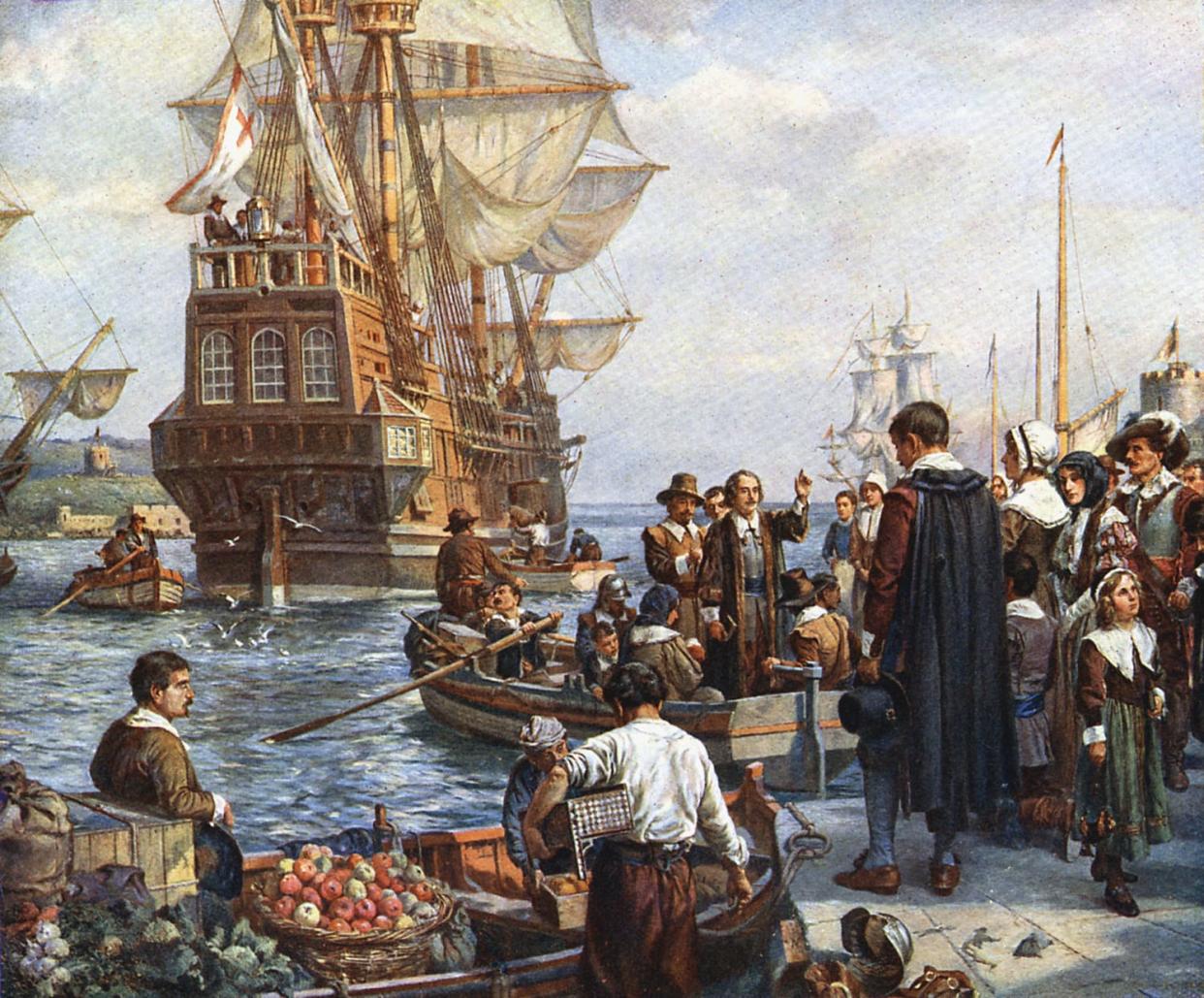 Image: Pilgrim Fathers boarding the Mayflower for their voyage to America (Ann Ronan Pictures/Print Collector / Getty Images)