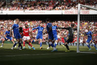 Arsenal's Eddie Nketiah scores his side's second goal during the English Premier League soccer match between Arsenal and Everton at the Emirates Stadium in London, Sunday, May 22, 2022. (AP Photo/David Cliff)