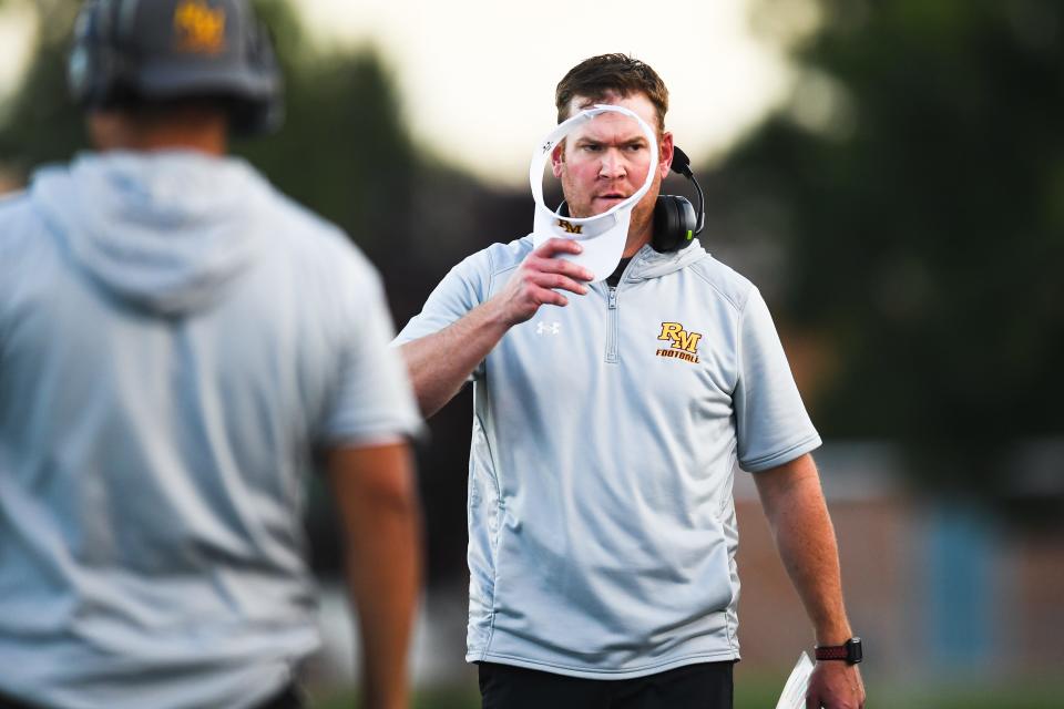 Rocky Mountain head coach Phil Underwood paces the sideline during a high school football game against Cherokee Trail at home in Fort Collins on Thursday. The Lobos lost 24-0.