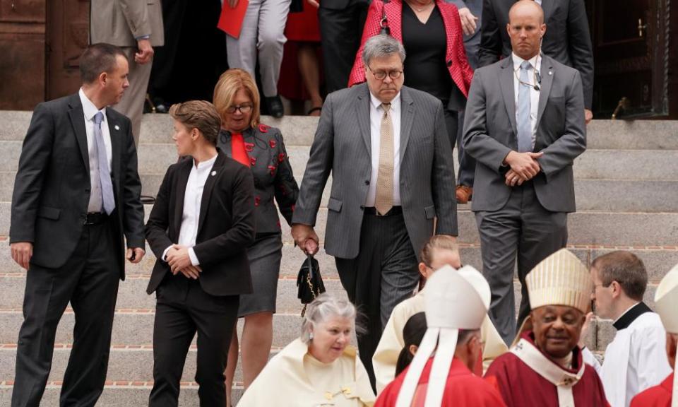 William Barr departs the annual Red Mass at the Cathedral of St Matthew the Apostle in Washington DC.