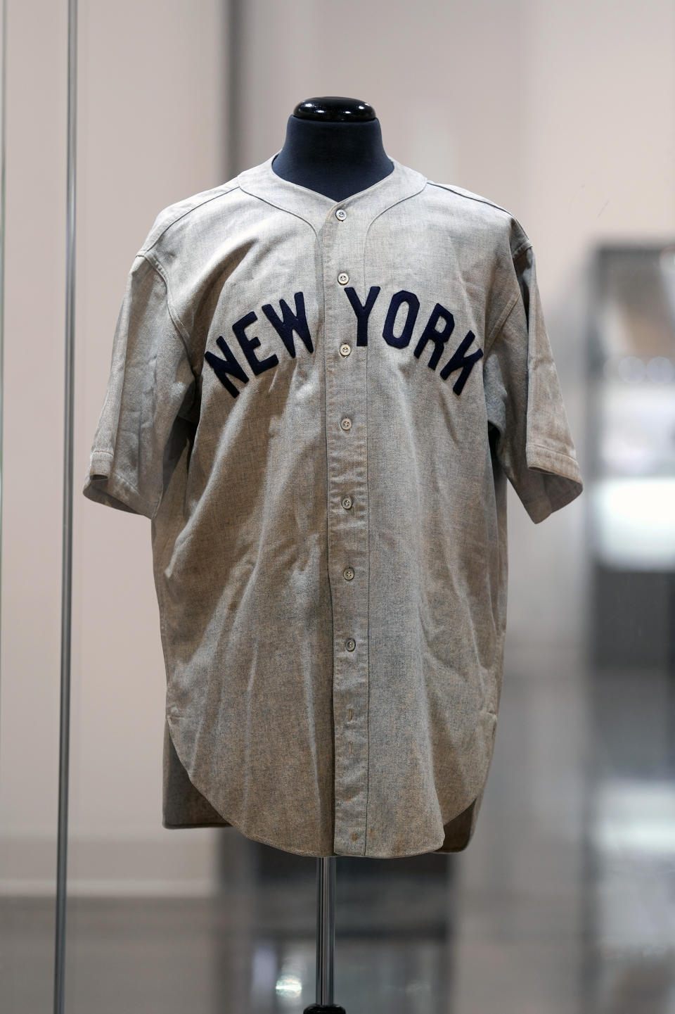 The 1932 Babe Ruth game worn New York Yankees World Series "Called Shot" jersey is displayed at Heritage Auction in Irving, Texas, Wednesday, Aug. 21, 2024. (AP Photo/LM Otero)