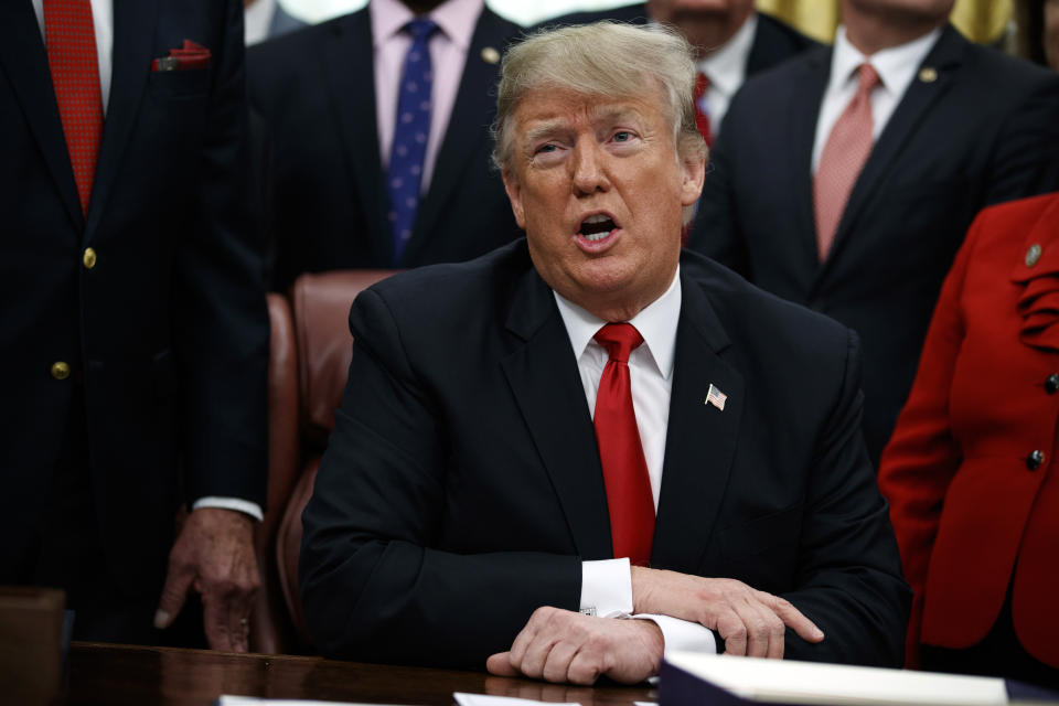 President Donald Trump makes a statement on the possible government shutdown before signing criminal just reform legislation in the Oval Office of the White House, Friday, Dec. 21, 2018, in Washington. (AP Photo/Evan Vucci)