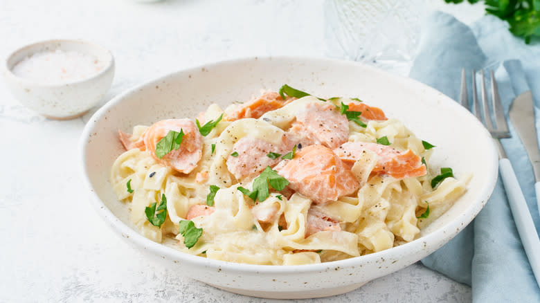 A bowl of seafood pasta