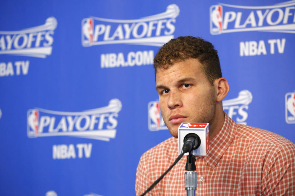 <p>OAKLAND, CA - APRIL 27: Blake Griffin #32 of the Los Angeles Clippers talks with the press after their loss against the Golden State Warriors in Game Four of the Western Conference Quarterfinals during the 2014 NBA Playoffs at Oracle Arena on April 27, 2014 in Oakland, California. NOTE TO USER: User expressly acknowledges and agrees that, by downloading and/or using this Photograph, user is consenting to the terms and conditions of Getty Images License Agreement. Mandatory Copyright Notice: Copyright 2014 NBAE (Photo by Rocky Widner/NBAE via Getty Images)</p>
