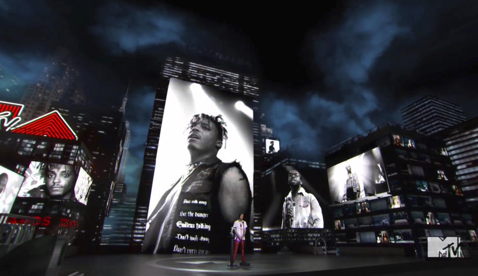 In this video grab issued Sunday, Aug. 30, 2020, by MTV, Travis Barker presents an In Memoriam tribute during the MTV Video Music Awards. (MTV via AP)