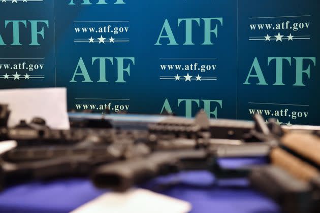 Ghost guns seized in federal law enforcement actions are displayed at the Bureau of Alcohol, Tobacco, Firearms and Explosives field office in Glendale, California, on April 18.