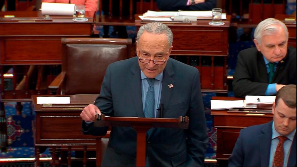 PHOTO: Senate Majority Leader Chuck Schumer of N.Y., speaks during the impeachment trial of Homeland Security Secretary Alejandro Mayorkas on the Senate floor at the U.S. Capitol, April 17, 2024, in Washington. (Senate Television via AP)