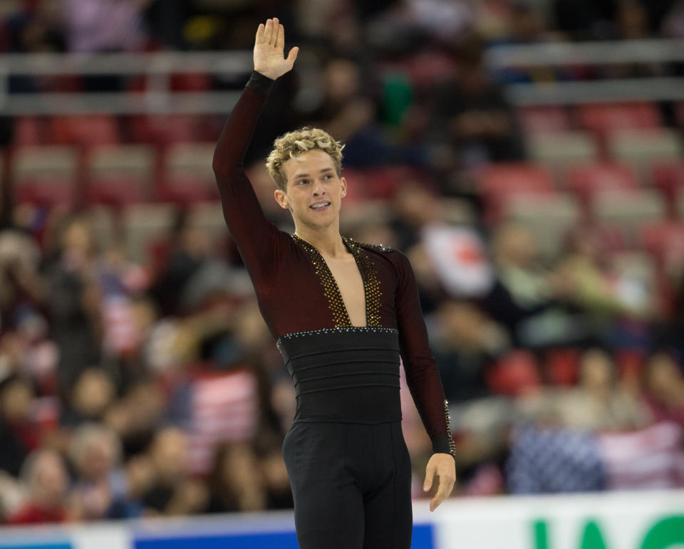 <p>Rippon performs during the men’s short program of the 2015 ISU World Figure Skating Championships in Shanghai.<br>(Photo by Johannes Eisele/AFP/Getty Images) </p>