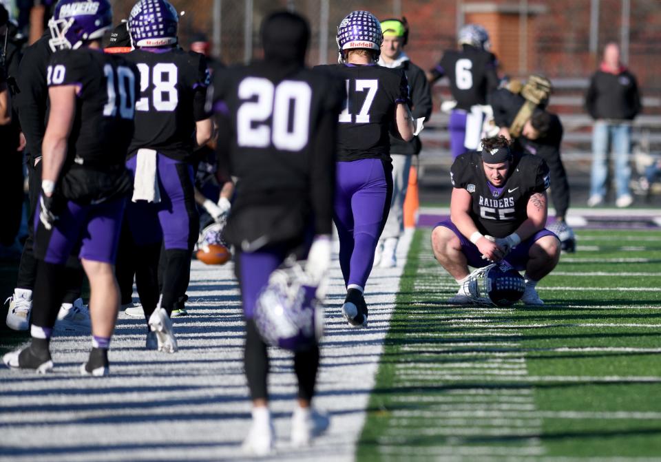 Mount Union offensive lineman Mason Fortner on the field after a second-round loss to Alma in the NCAA Division III playoffs, Saturday, Nov. 25, 2023.